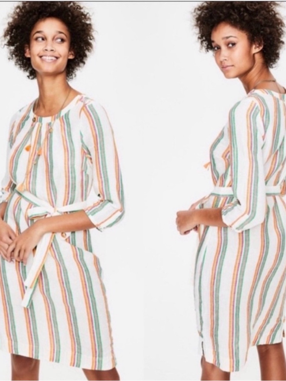 Boden Striped Katie Linen Dress in White with Orange & Green Stripes Sz 8